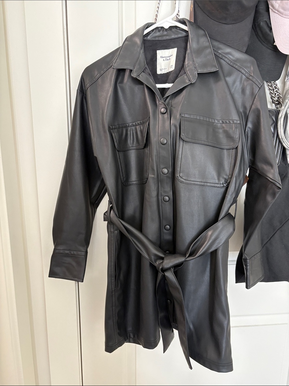 Abercrombie & Fitch Black Faux Leather Belted Shirt-Jacket